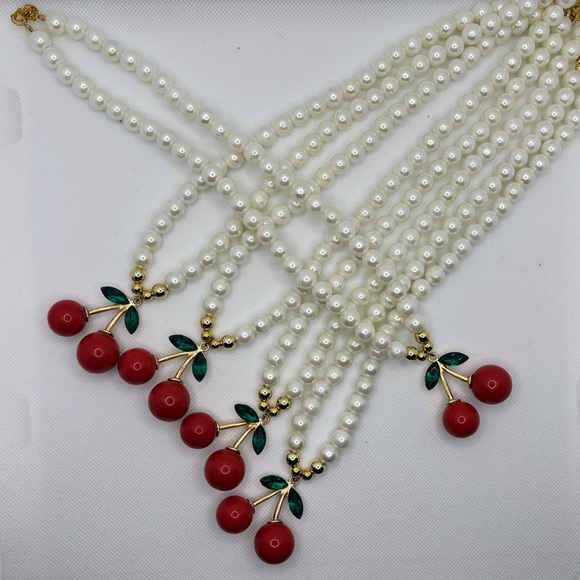 Handmade White Pearl and Red Cherry Necklace - Picture 4 of 4